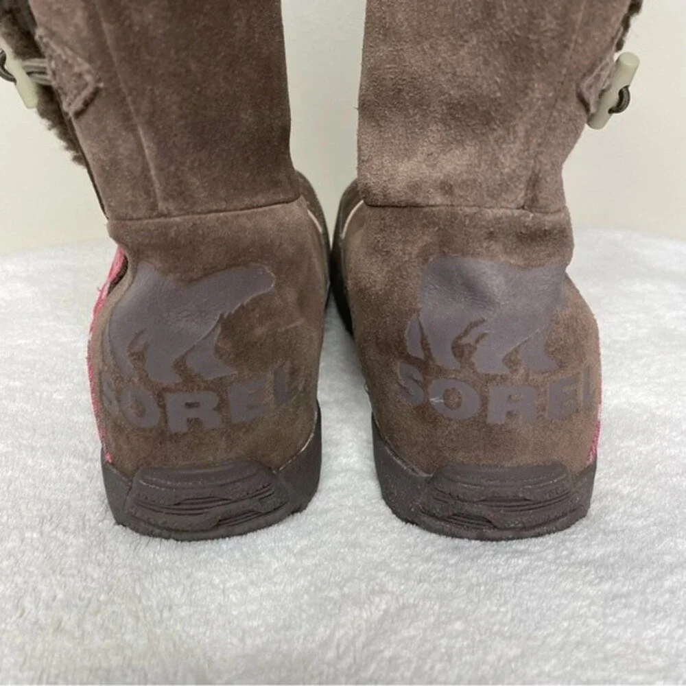 Sorel Boots Suka Suede Pink Plaid Fleece Lined Tall Snow Winter Brown Size 7